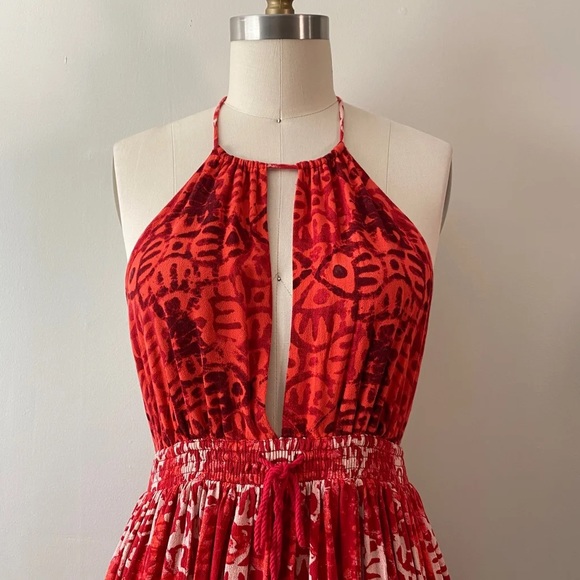 FREE PEOPLE BEACH DAY RED BLOCK PRINT HALTER TIE OPEN BACK SWING DRESS XS - Picture 8 of 16